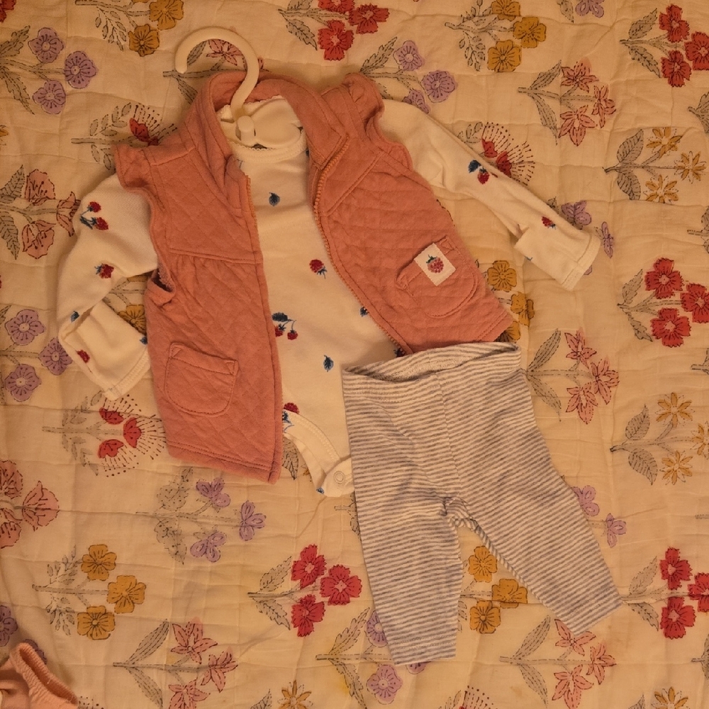 Pink Quilted Vest with Floral Onesie and Striped Pants